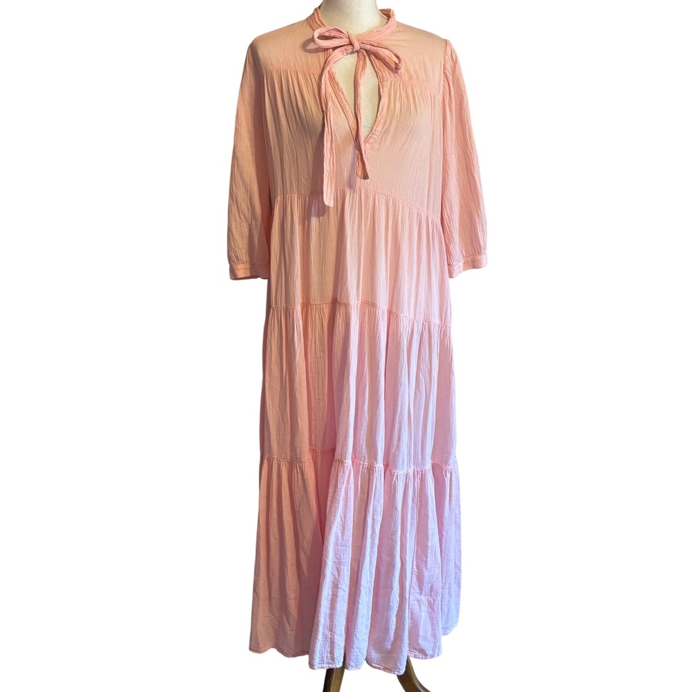 Honorine Pink Cotton Gauze Tiered Maxi Dress Tie Neck Small Coastal Boho